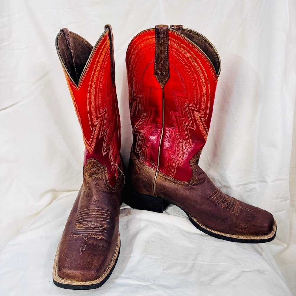 Ariat Womens Cowboy Boots Brown Leather Red Shaft Square Toe Western Rodeo Sz8.5 - Picture 2 of 7